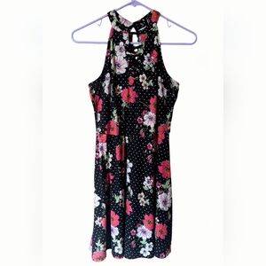 No Boundaries Women's Large Black White Polka Dot/Colorful Floral Keyhole Dress